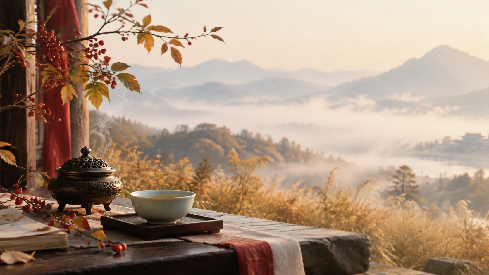 秋日远山、茱萸与香炉青烟，重阳遥寄空镜